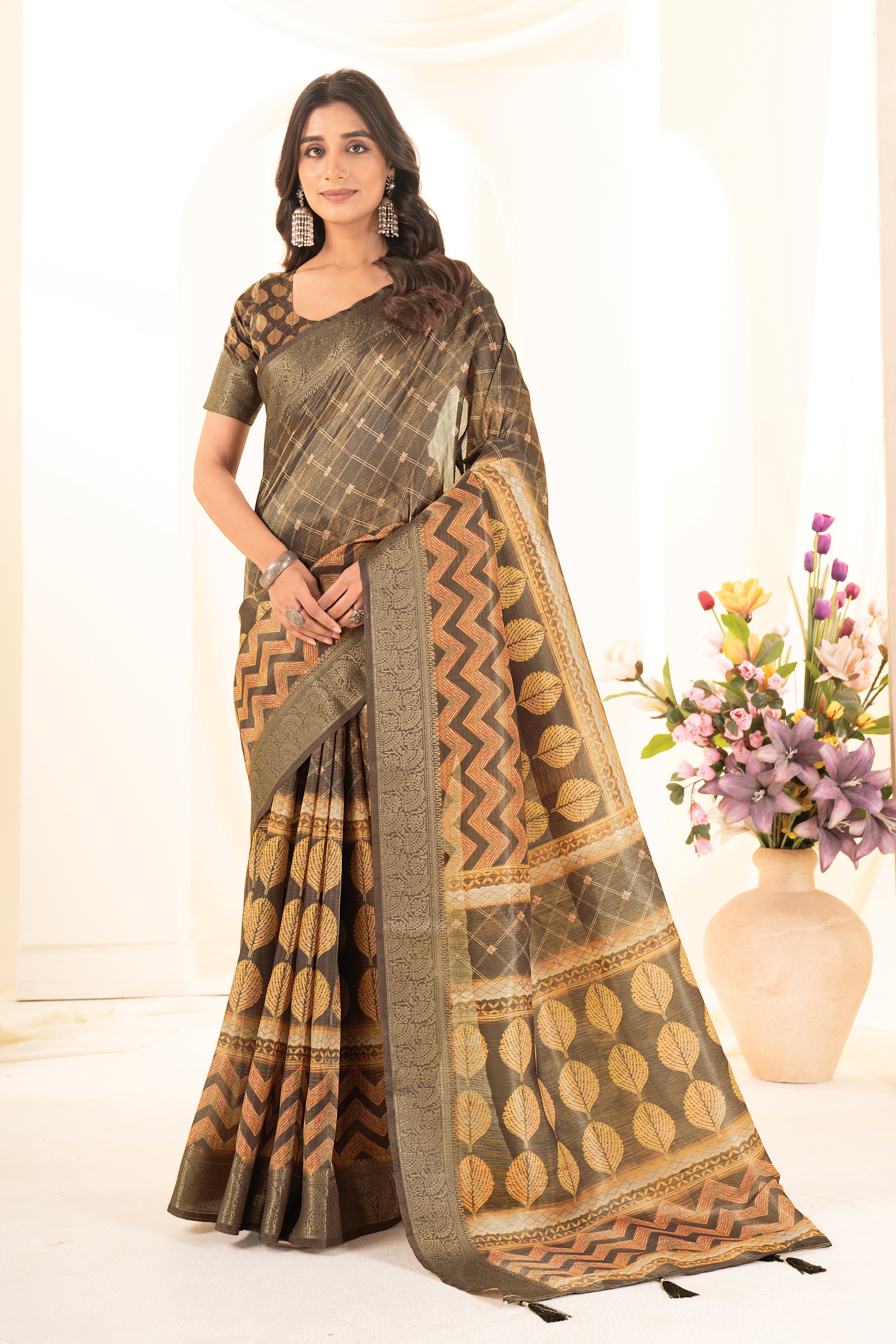 Green Orange Tussar Silk Ajrak Saree
